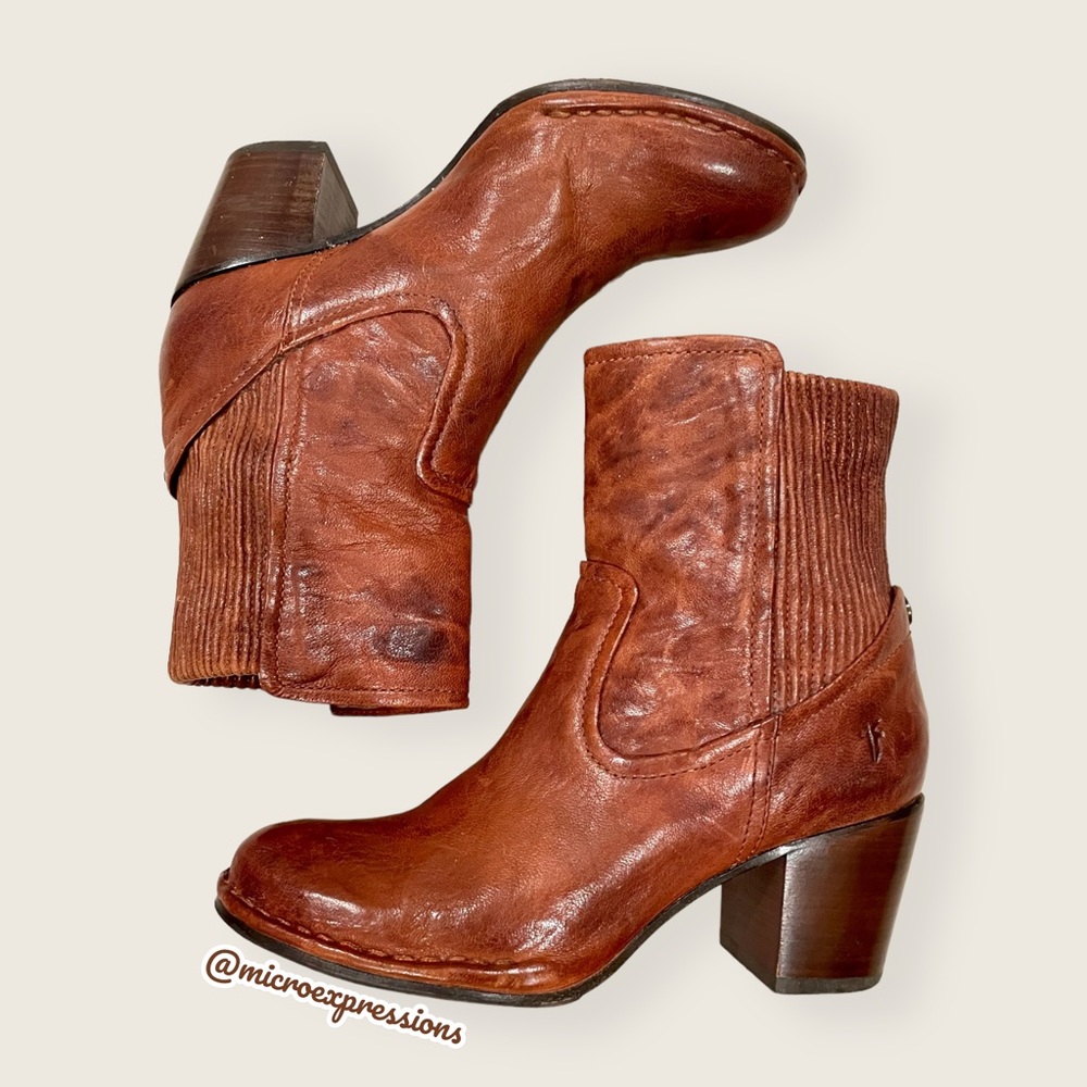 Frye Lucinda Scrunch Real Cognac Brown Leather Stretchy Heeled Short Ankle Boot - Picture 6 of 15